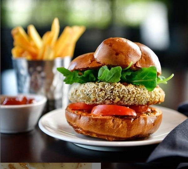 CRISPY CHICKPEA AND EGGPLANT BURGER FROM FLEMING'S PRIME STEAKHOUSE & WINE BAR.